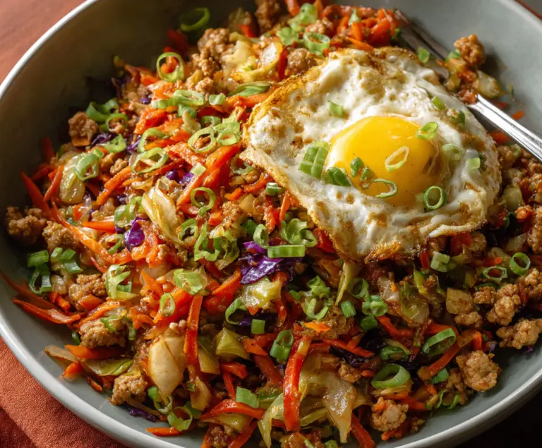 Delicious Egg Roll in a Bowl with crispy vegetables and savory ground pork served in a bowl.