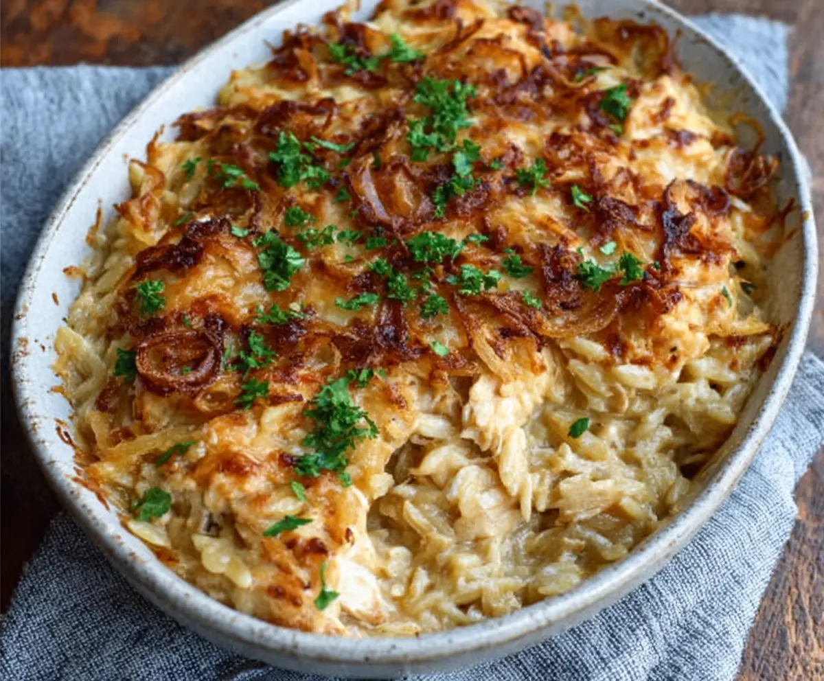 Easy French Onion Chicken Orzo Bake