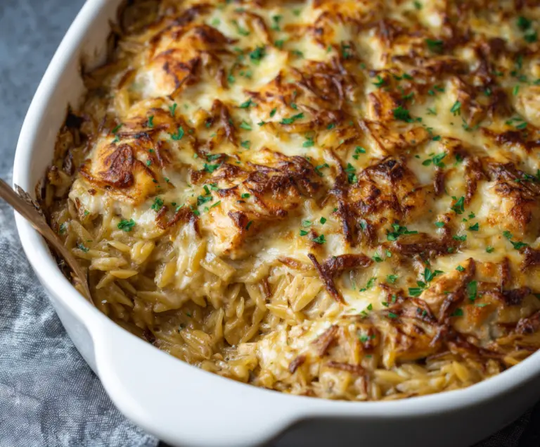Delicious French Onion Chicken Orzo Casserole featuring tender chicken, caramelized onions, and melted cheese served over flavorful orzo pasta.