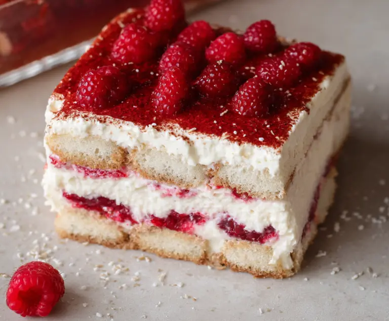 Delicious Fresh Raspberry Tiramisu with creamy mascarpone and fresh raspberries on top.