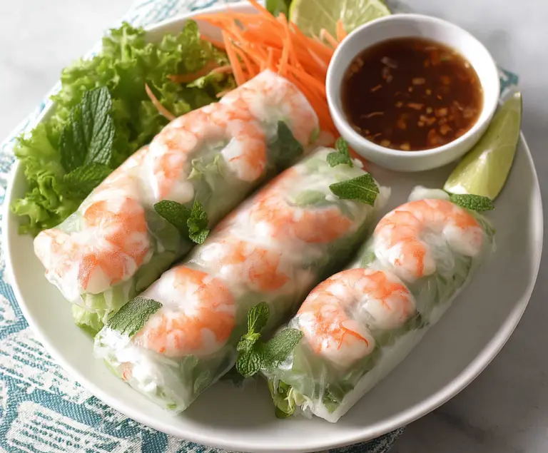 Fresh Vietnamese shrimp spring rolls with colorful vegetables and rice paper, served with dipping sauce.