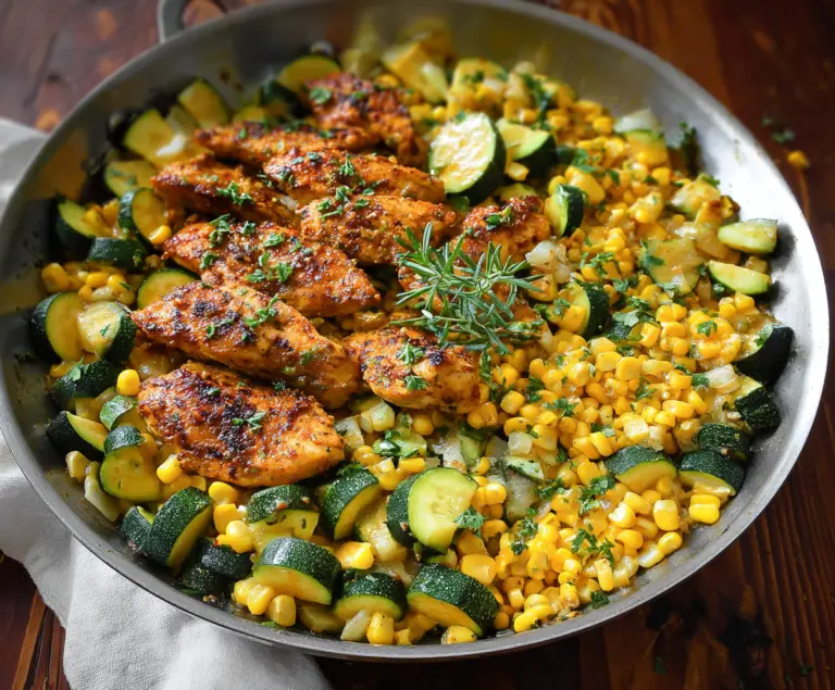 Delicious garlic butter chicken served with fresh zucchini and sweet corn on a vibrant plate.