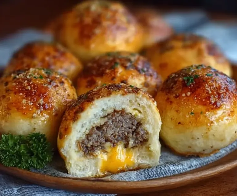Juicy Garlic Parmesan Cheeseburger Bombs with melted cheese and crispy golden crust.