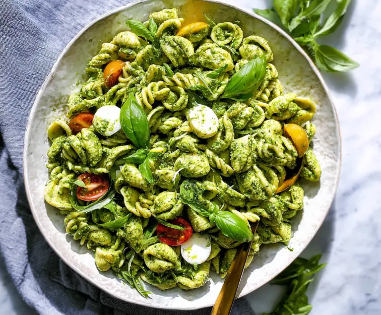 Colorful Green Goddess Pasta Salad with fresh herbs and vibrant vegetables.