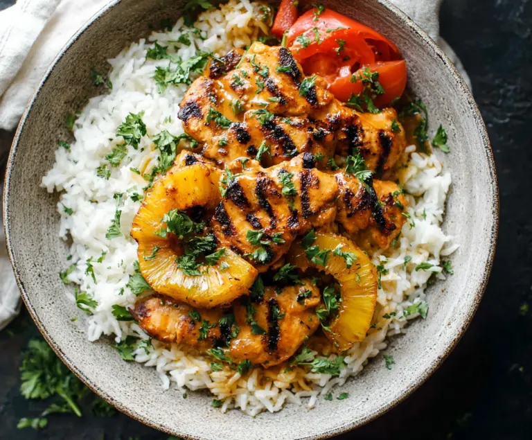 Delicious Hawaiian chicken served with fragrant coconut rice and tropical garnishes.