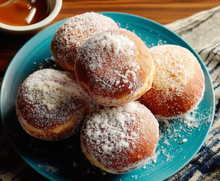 Golden Hawaiian-Style Malasadas drizzled with sugar, served fresh and fluffy on a wooden platter.