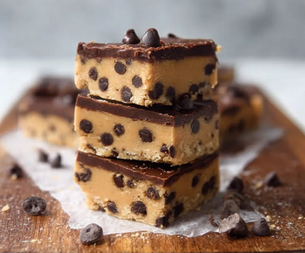Healthy no bake cookie dough bars with oats, chocolate chips, and almond butter in a glass dish.