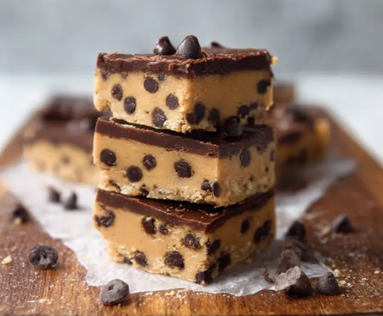 Healthy no bake cookie dough bars with oats, chocolate chips, and almond butter in a glass dish.