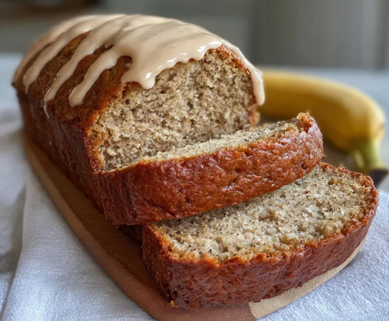 Delicious homemade honey vanilla banana bread fresh out of the oven showcasing a golden crust.
