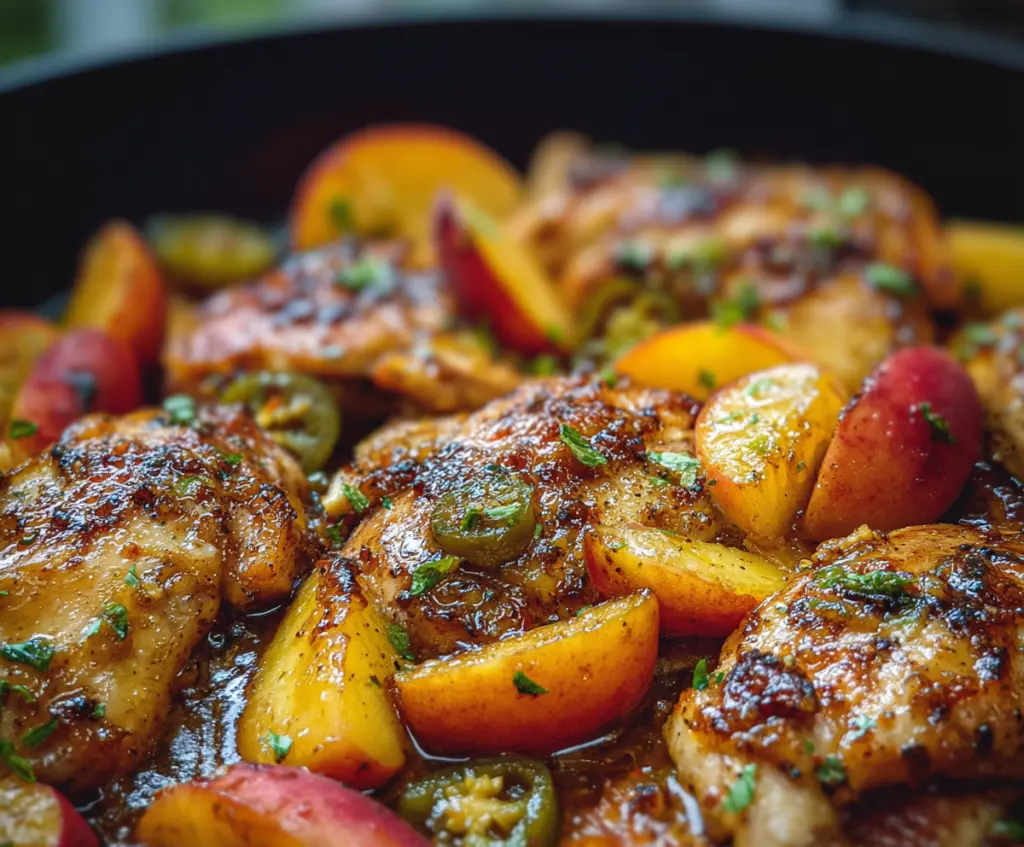 Juicy Jalapeno Peach Chicken dish featuring grilled chicken topped with fresh peaches and spicy jalapenos.