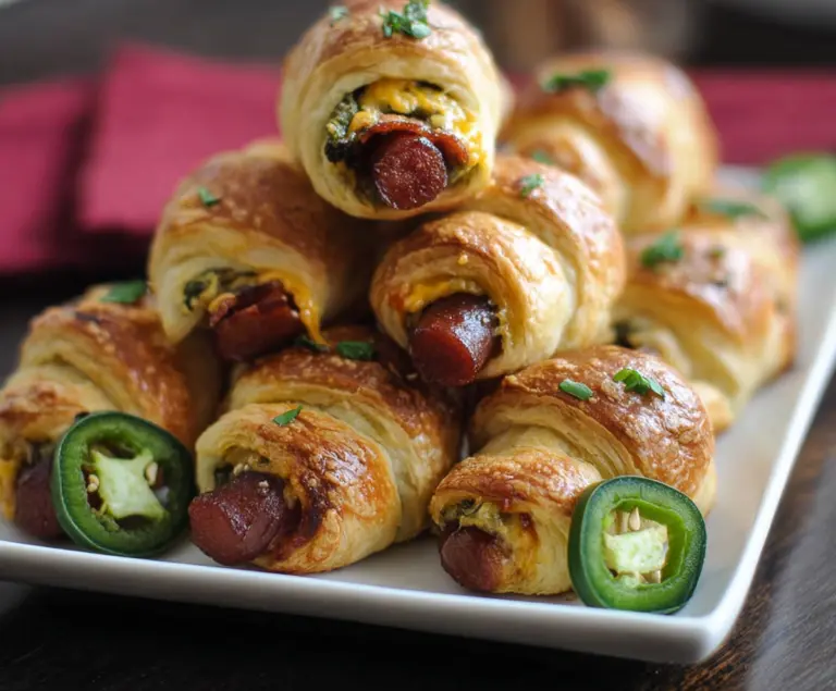 Delicious Jalapeno Popper Pigs in a Blanket appetizer with melted cheese and spicy jalapenos