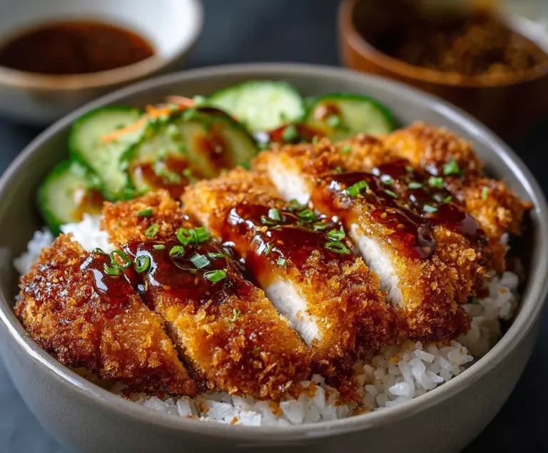 Delicious Japanese Katsu Bowl with crispy breaded pork cutlet topped with savory Tonkatsu sauce and fresh vegetables.