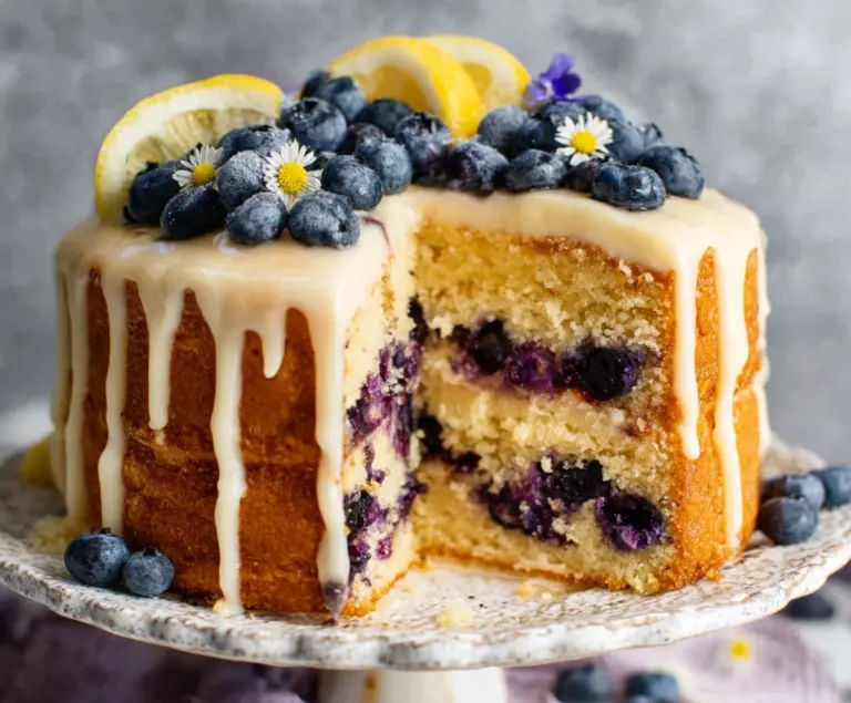 Delicious Lemon Blueberry Cake garnished with fresh blueberries and lemon slices for a refreshing dessert