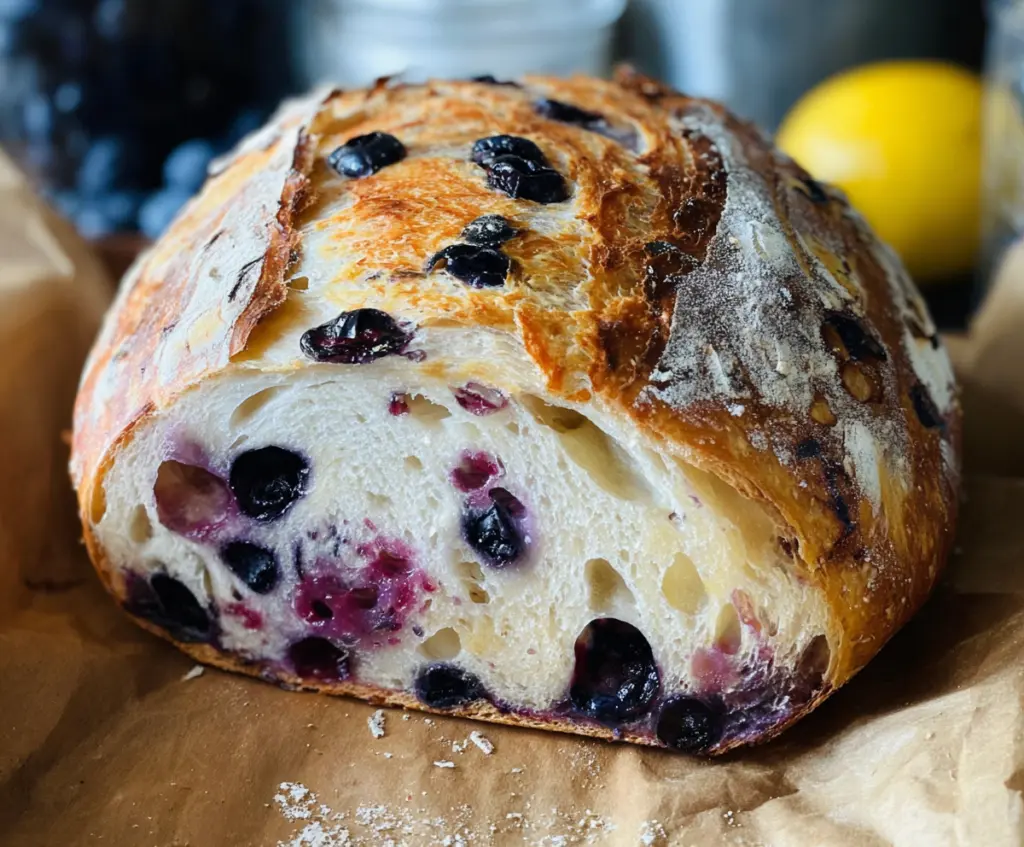 Fresh Lemon Blueberry Sourdough Bread with vibrant blueberries and citrus zest on a rustic wooden board.