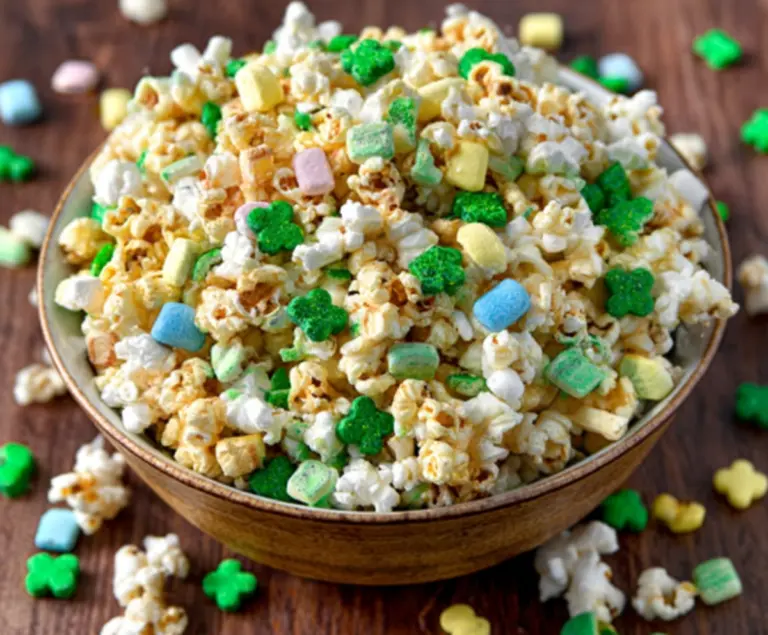 Colorful loaded Leprechaun popcorn with green, orange, and yellow toppings for St. Patrick's Day celebration.