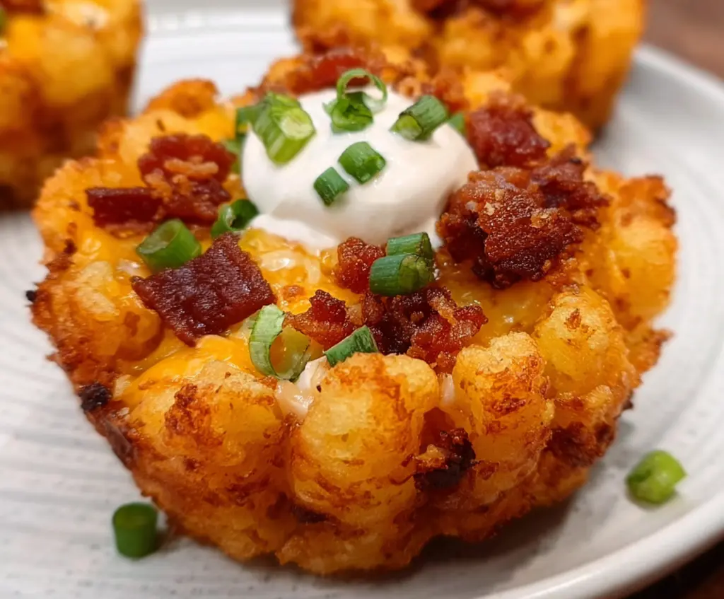 Delicious loaded tater tot cup topped with cheese, bacon, and green onions.