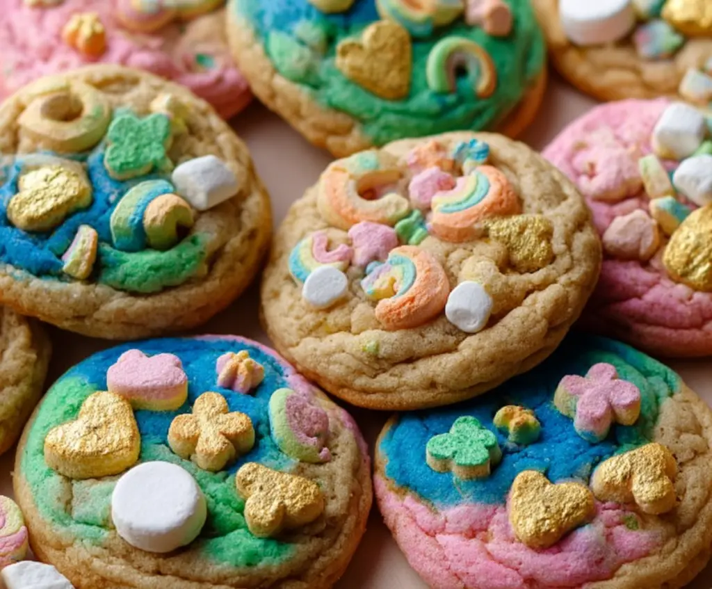 Delicious homemade Lucky Charms cookies with colorful marshmallows and golden edges