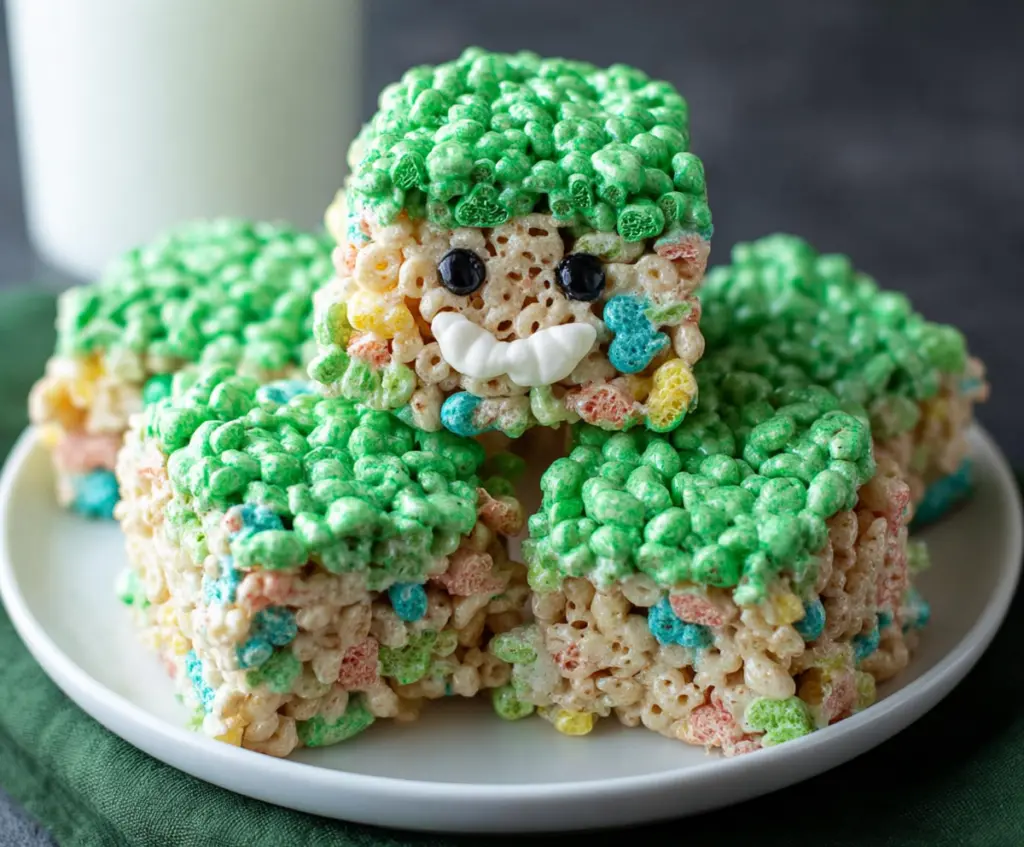 Delicious Lucky Leprechaun Rice Krispie Treats decorated with green candy and sprinkles for St. Patrick's Day.