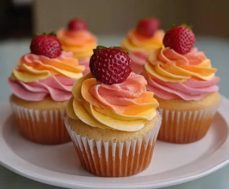 Delicious Mango Strawberry Sunset Cupcakes with vibrant orange and red frosting, garnished with fresh fruit for a refreshing dessert.