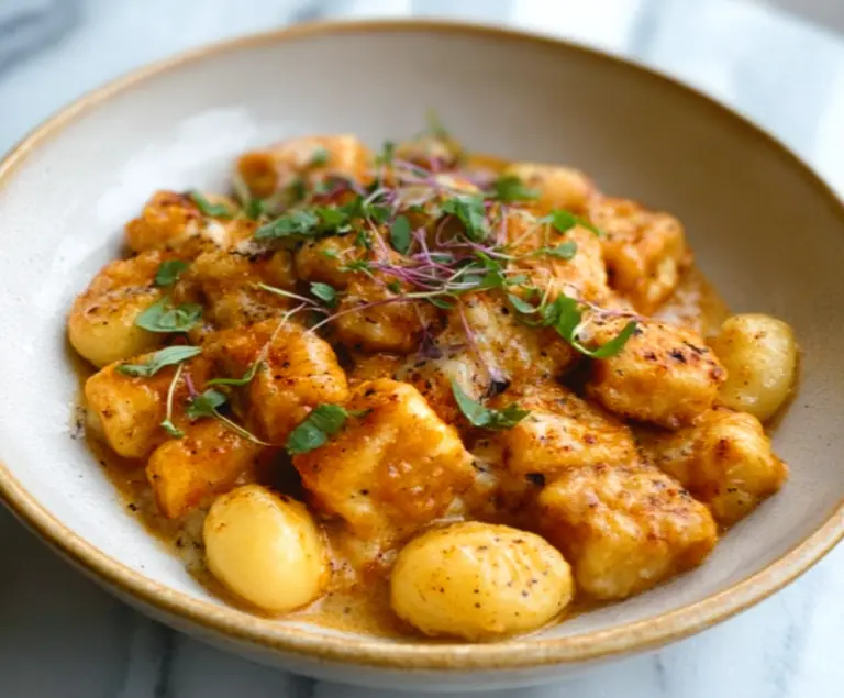 Delicious Marry Me Crispy Tofu served with golden gnocchi on a plate.