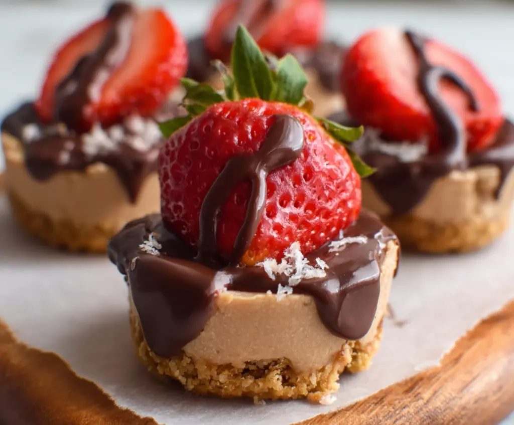 No-Bake Chocolate Covered Strawberry Cheesecake Cups with fresh strawberries and rich chocolate coating
