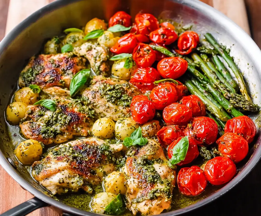 Delicious One-Pan Pesto Chicken cooked to perfection with fresh basil and melted cheese.