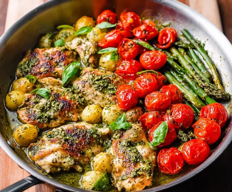 Delicious One-Pan Pesto Chicken cooked to perfection with fresh basil and melted cheese.