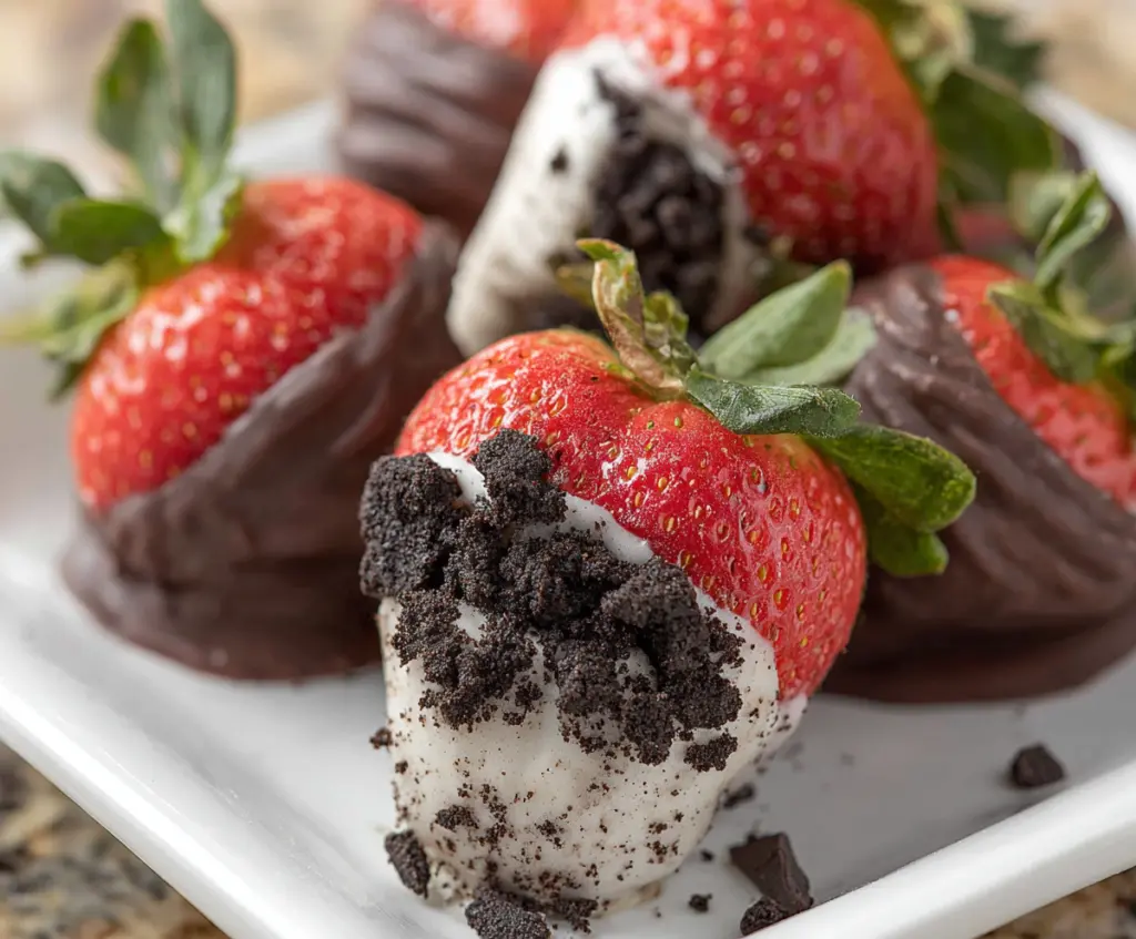 Delicious Oreo truffle-stuffed strawberries with chocolate coating and toppings.