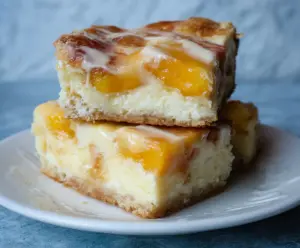 Delicious Peaches and Cream Cheesecake Bars with fresh peach slices and creamy topping on a serving plate