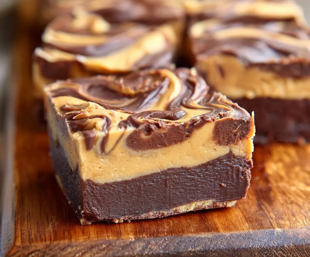 Delicious peanut butter cup cheesecake fudge, creamy and topped with chocolate and peanut butter for a sweet treat.