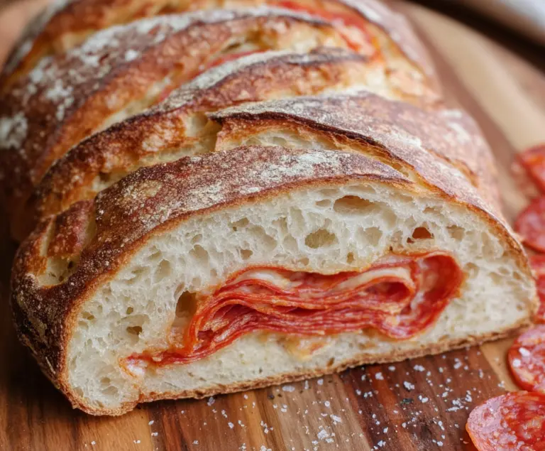 Slice of homemade pepperoni pizza on sourdough bread with melted cheese and pepperoni topping.