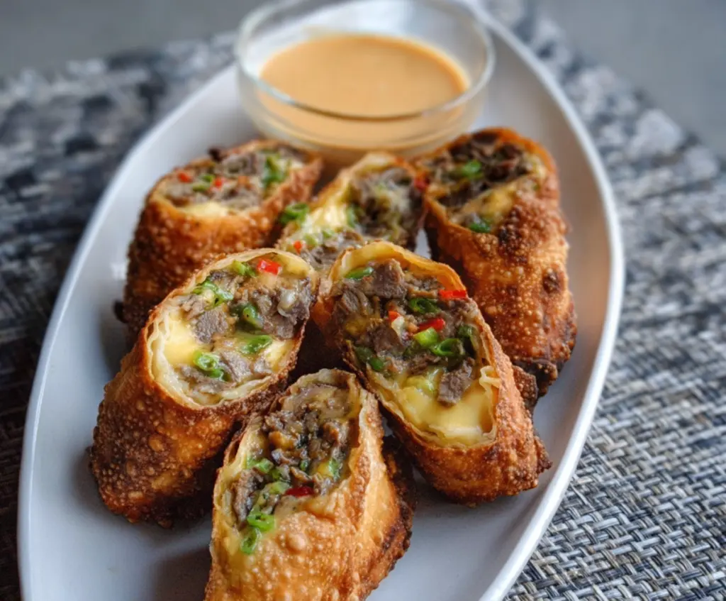 Delicious Philly Cheesesteak Egg Rolls filled with steak, cheese, and peppers on a plate.