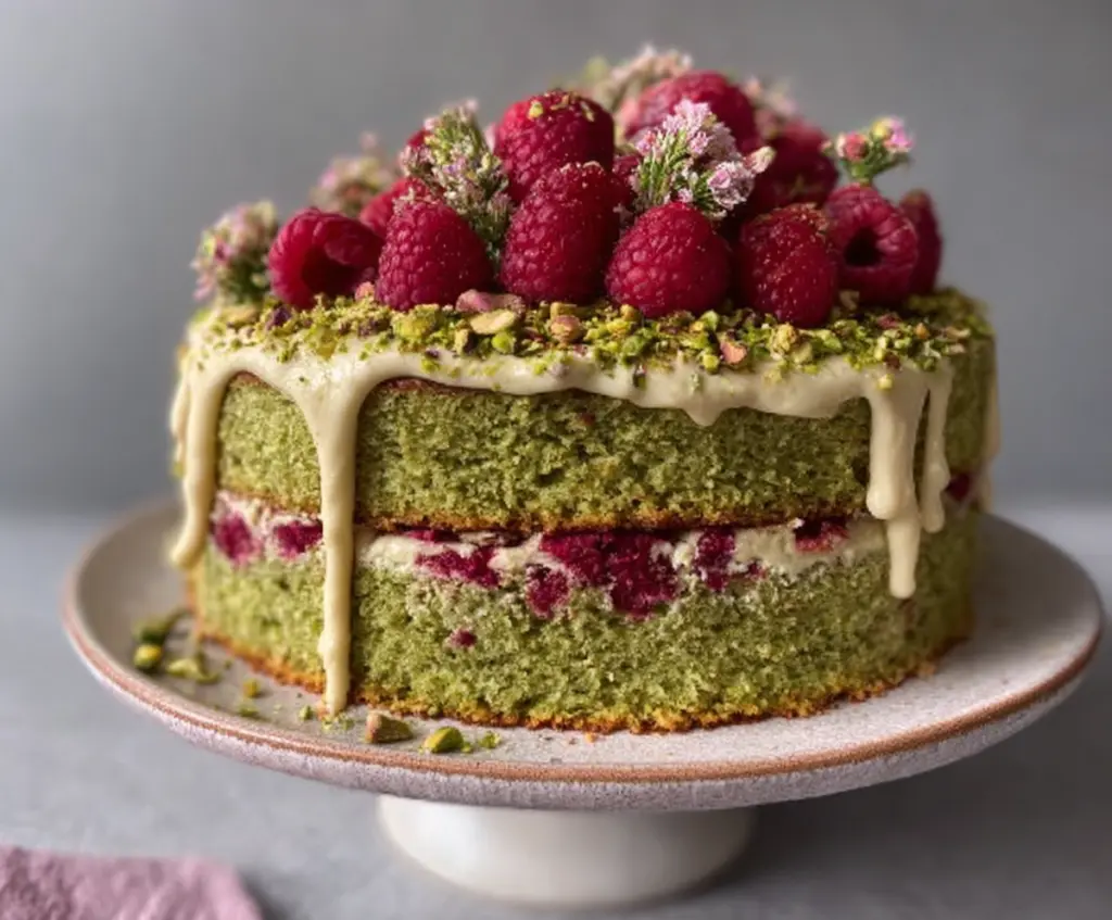 Delicious Pistachio Raspberry Cake with layers of creamy frosting and fresh fruit toppings.
