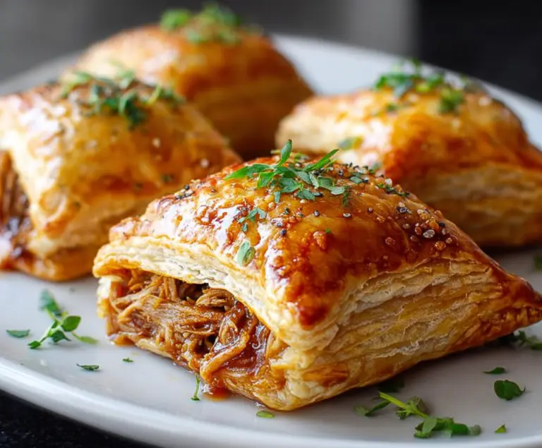 Delicious pulled pork pastry puffs garnished with herbs, perfect for appetizer or snack.