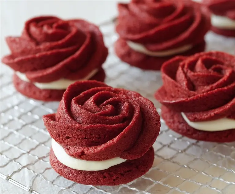 Delicious Red Velvet Rose Sandwich Cookies with cream cheese filling, perfect for Valentine's Day or special celebrations.
