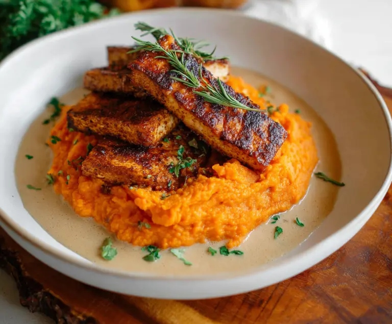 Savory smoky tofu steak served with creamy mashed sweet potatoes on a plate.