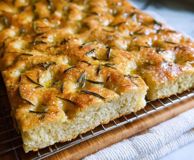 Delicious homemade sourdough discard focaccia topped with fresh rosemary and drizzled with olive oil.
