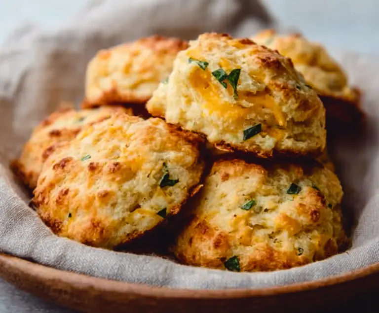 Delicious Sourdough Discard Savory Cheddar Biscuits on a rustic plate, golden and flaky with melted cheddar cheese.