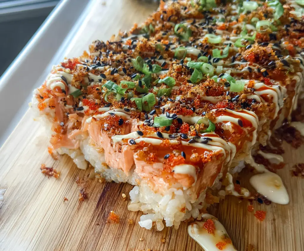 Delicious spicy salmon sushi bake with crispy top and creamy interior, perfect for sushi lovers.