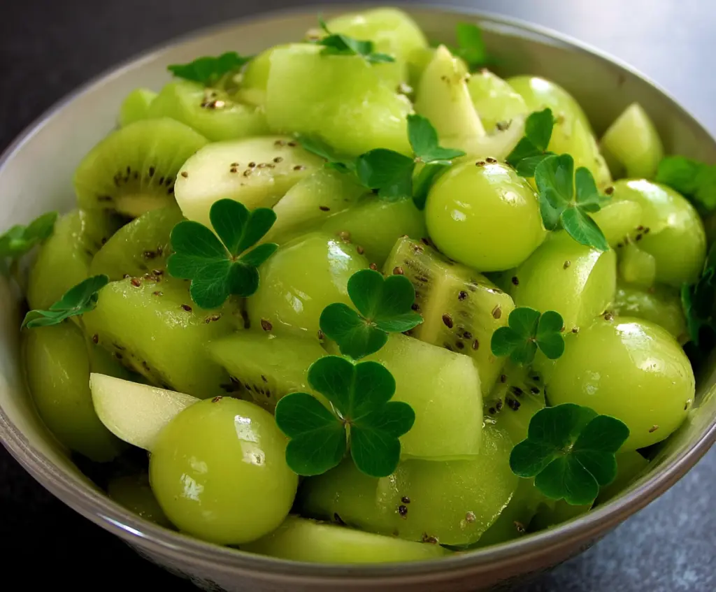 Colorful green fruit salad for St. Patrick’s Day with fresh kiwi, grapes, and honeydew in a festive bowl