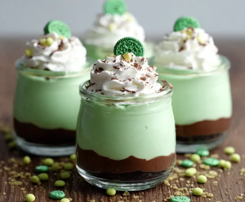 Delicious St Patrick's Day green shake pudding cups garnished with whipped cream and sprinkles for festive celebration.
