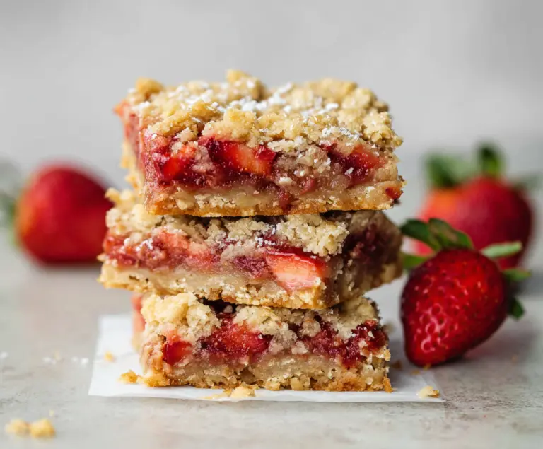 Delicious strawberry oatmeal crumble bars with fresh strawberries and a crispy oat topping.
