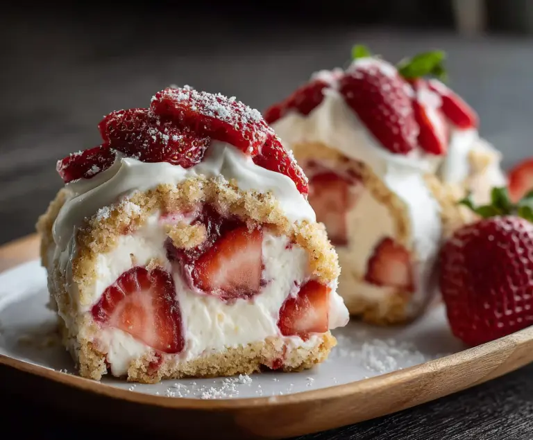 Delicious Strawberry Shortcake Cheesecake Rolls with fresh strawberries and cream cheese filling