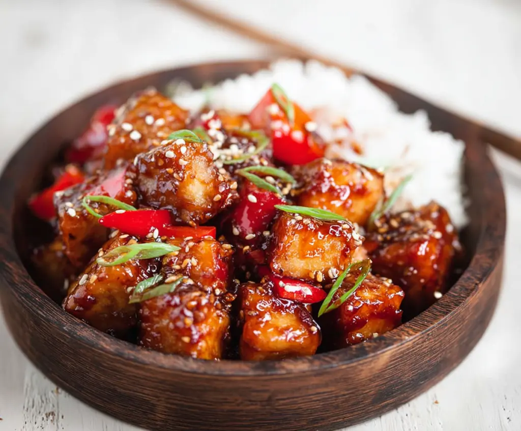 Delicious sweet and sour sticky tofu served on a plate with vibrant vegetables.
