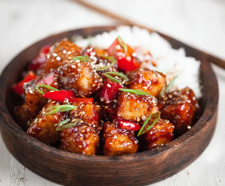 Delicious sweet and sour sticky tofu served on a plate with vibrant vegetables.