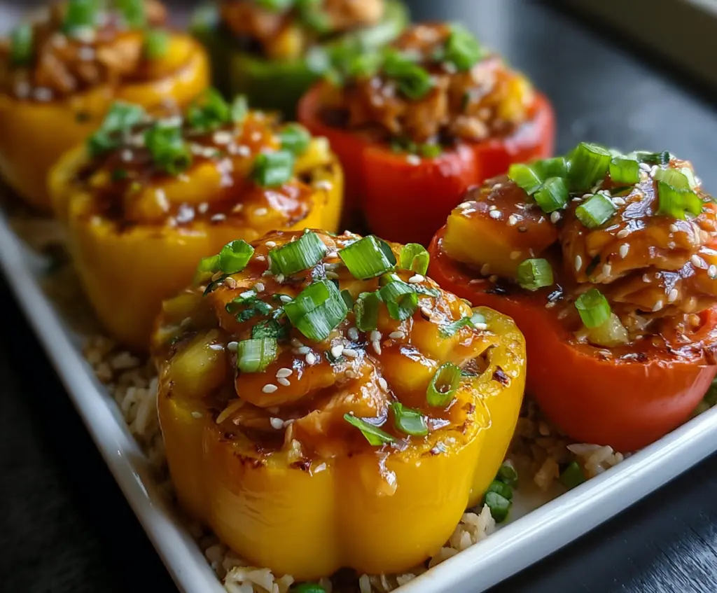 Delicious Teriyaki Pineapple Chicken and Rice Stuffed Peppers served on a plate
