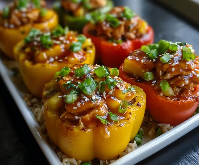 Delicious Teriyaki Pineapple Chicken and Rice Stuffed Peppers served on a plate