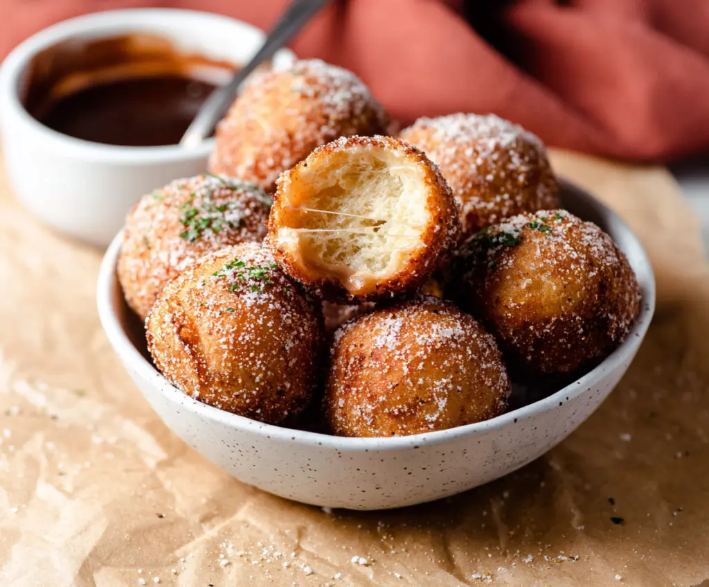 Crispy tofu donut balls on a white plate, garnished with herbs, perfect as a vegetarian snack.