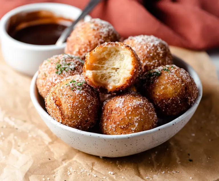 Crispy tofu donut balls on a white plate, garnished with herbs, perfect as a vegetarian snack.