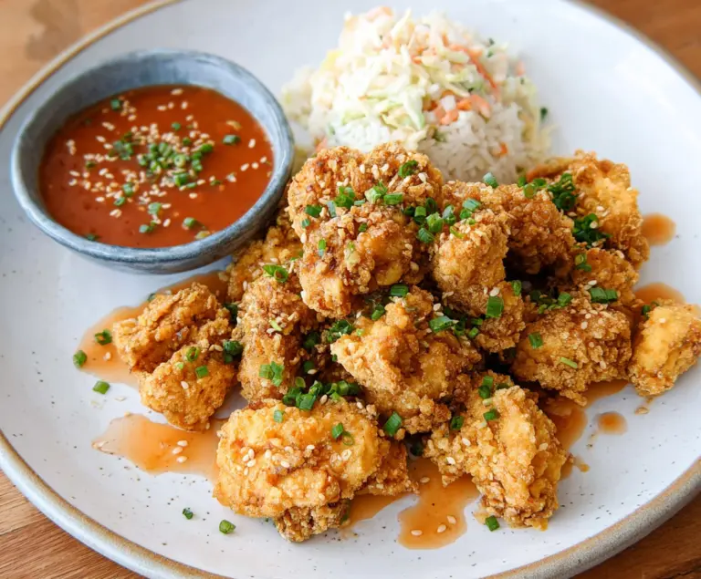 Crunchy tofu fried chicken with golden-brown coating served on a plate.